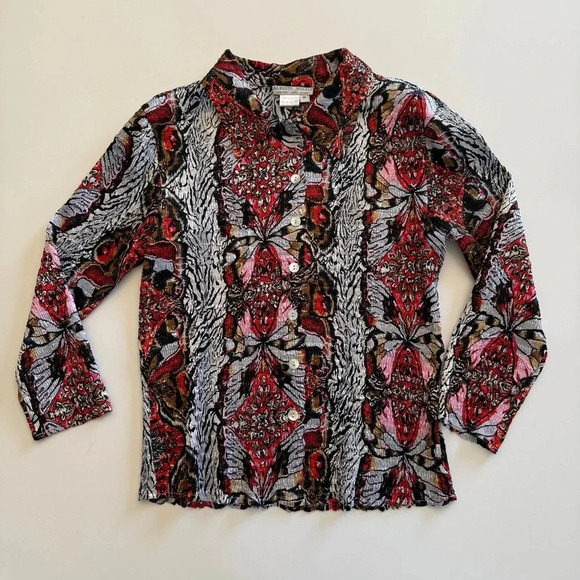 Alberto Malaki-Button Up-Sequin-Shirt- Red-Pink-Black-Brown-Colorful-Women’s M - Picture 2 of 10
